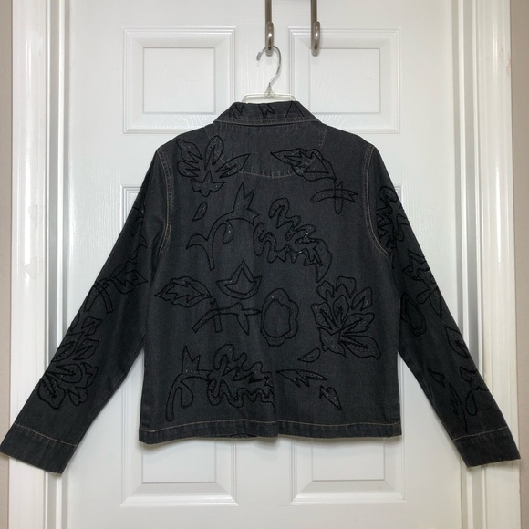 Coldwater Creek Cotton Embroidered Beaded Buttoned Pockets Black Denim Jacket MP - Picture 8 of 13